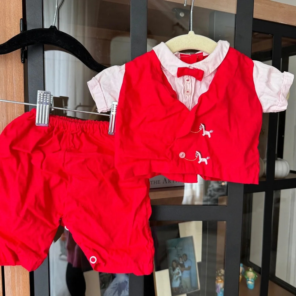 Vintage 1950s baby boy outfit matching set embroidered rocking horse shorts top